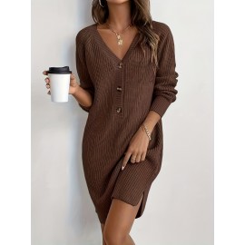 Plus Size, Women's Olive Green V-Neck Collar Sweater Dress with Short Sleeves & Single Button Closure - A-Line Winter Dress for, Office, Semi-Formal Wear - Machine Washable Cozy Outfit