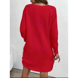 Plus Size, Women's Olive Green V-Neck Collar Sweater Dress with Short Sleeves & Single Button Closure - A-Line Winter Dress for, Office, Semi-Formal Wear - Machine Washable Cozy Outfit