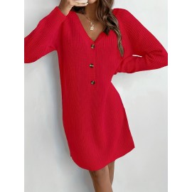 Plus Size, Women's Olive Green V-Neck Collar Sweater Dress with Short Sleeves & Single Button Closure - A-Line Winter Dress for, Office, Semi-Formal Wear - Machine Washable Cozy Outfit