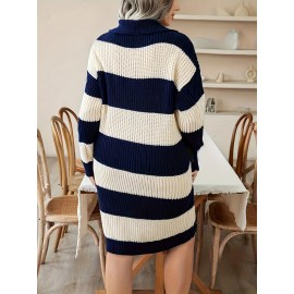 Elegant Plus Size Striped Sweater Dress Polyester Knit Fabric - Lapel Collar Long Sleeve Drop Shoulder Midi Dress with Medium Stretch for All Seasons