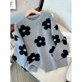[Elegant Floral Sweater] Plus Size Women's Elegant Floral Sweater | Loose Fit Long Sleeve Pullover with Dark Floral Pattern, Soft Texture Top for Everyday & Formal Outfits - Stylish Knitwear, Seasonal Wardrobe, Breathable Material, Office Wear