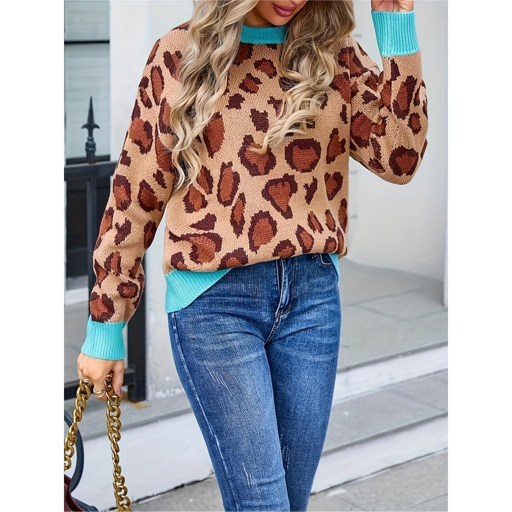 Plus Size - Women'S Plus Size Leopard Print Sweater with Turquoise Cuffs - Cozy Pullover, Loose Fit, Round Neck, Casual Style for Spring/Fall, Casual Wear|Leopard Print Top|Stretchy Fabric