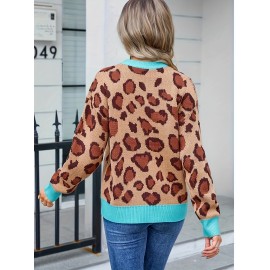 Plus Size - Women'S Plus Size Leopard Print Sweater with Turquoise Cuffs - Cozy Pullover, Loose Fit, Round Neck, Casual Style for Spring/Fall, Casual Wear|Leopard Print Top|Stretchy Fabric