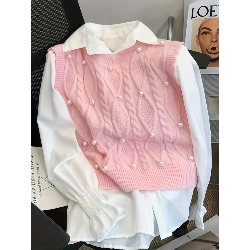 Plus Size, Plus Size Women's Elegant Pearl-Embellished Soft Pink Vest - Round Neck Sleeveless All-Season Versatile Layering Piece for Casual & Formal Outfits, Seasonal Fashion, Sophisticated Weaving