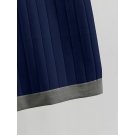 Plus Size - Women'S Plus Size Two-Piece Set - Navy Blue Ribbed Dress & Cardigan Vest, High Waist, Button-Up, Casual Style for Spring/Fall, Versatile Clothing | Buttonup Cardigan | Construction, Plus Size Sweater Dress