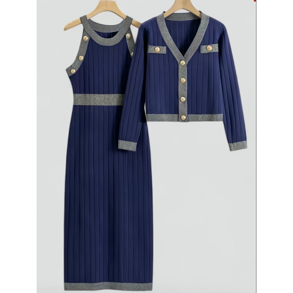 Plus Size - Women'S Plus Size Two-Piece Set - Navy Blue Ribbed Dress & Cardigan Vest, High Waist, Button-Up, Casual Style for Spring/Fall, Versatile Clothing | Buttonup Cardigan | Construction, Plus Size Sweater Dress