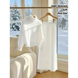 White Plus Size Cozy Sweater and Skirt Set - Soft, Ribbed, Long Sleeve Top with High-Waisted, Flowy Skirt - Perfect for Winter, All-Season Comfort, Winter Clothing | Ribbed Skirt | Construction, Sweater Set