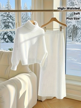 White Plus Size Cozy Sweater and Skirt Set - Soft, Ribbed, Long Sleeve Top with High-Waisted, Flowy Skirt - Perfect for Winter, All-Season Comfort, Winter Clothing | Ribbed Skirt | Construction, Sweater Set