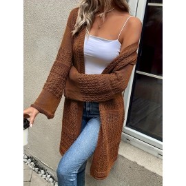 Plus Size, Plus-size fashionable solid openwork cardigan, casual long-sleeve crochet cardigan