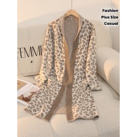 Plus Size - Women'S Leopard Print Cardigan - Cozy Mid-Length Open Front with Pockets, Oversized Fit for Fall/Winter, Warm & Stylish for Casual or Commuting, Cozy Clothing | Leopard Print Cardigan | Construction, Leopard Print Cardigan