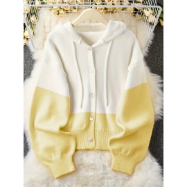 Plus Size - Women'S Korean Style Pink Patchwork Hooded Sweater - Casual Long Sleeve Cardigan with Button Front, Loose Fit for Fall/Winter, Lightweight & Cozy, Buttoned Cardigan