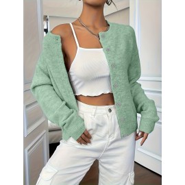 Plus Size - Plus Size - Women'S Elegant Solid Color Long Sleeve Cardigan - Soft Stretchy Button-Front Open Front Sweater, Round Neck Fall/Winter Coat for Casual & Formal Outfits, Cardigan Sweater, Winter Clothing, Stylish Knitwear, Office Wear