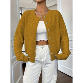 Plus Size - Plus Size - Women'S Elegant Solid Color Long Sleeve Cardigan - Soft Stretchy Button-Front Open Front Sweater, Round Neck Fall/Winter Coat for Casual & Formal Outfits, Cardigan Sweater, Winter Clothing, Stylish Knitwear, Office Wear