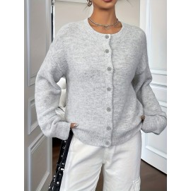 Plus Size - Plus Size - Women'S Elegant Solid Color Long Sleeve Cardigan - Soft Stretchy Button-Front Open Front Sweater, Round Neck Fall/Winter Coat for Casual & Formal Outfits, Cardigan Sweater, Winter Clothing, Stylish Knitwear, Office Wear