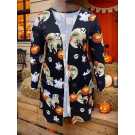 Plus Size - Plus Size Women'S Halloween Pumpkin Print Cardigan - Casual Long Sleeve with Ghosts, Bats & Autumn Leaves Design, Black & Orange, Perfect for Fall & Winter, Halloween Costume