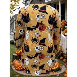 Plus Size - Plus Size Women'S Halloween Pumpkin Print Cardigan - Casual Long Sleeve with Ghosts, Bats & Autumn Leaves Design, Black & Orange, Perfect for Fall & Winter, Halloween Costume