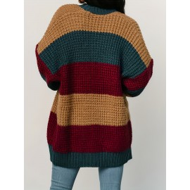 Plus Size, Women's Plus Size Autumn/Winter Striped Design Cardigan Sweater