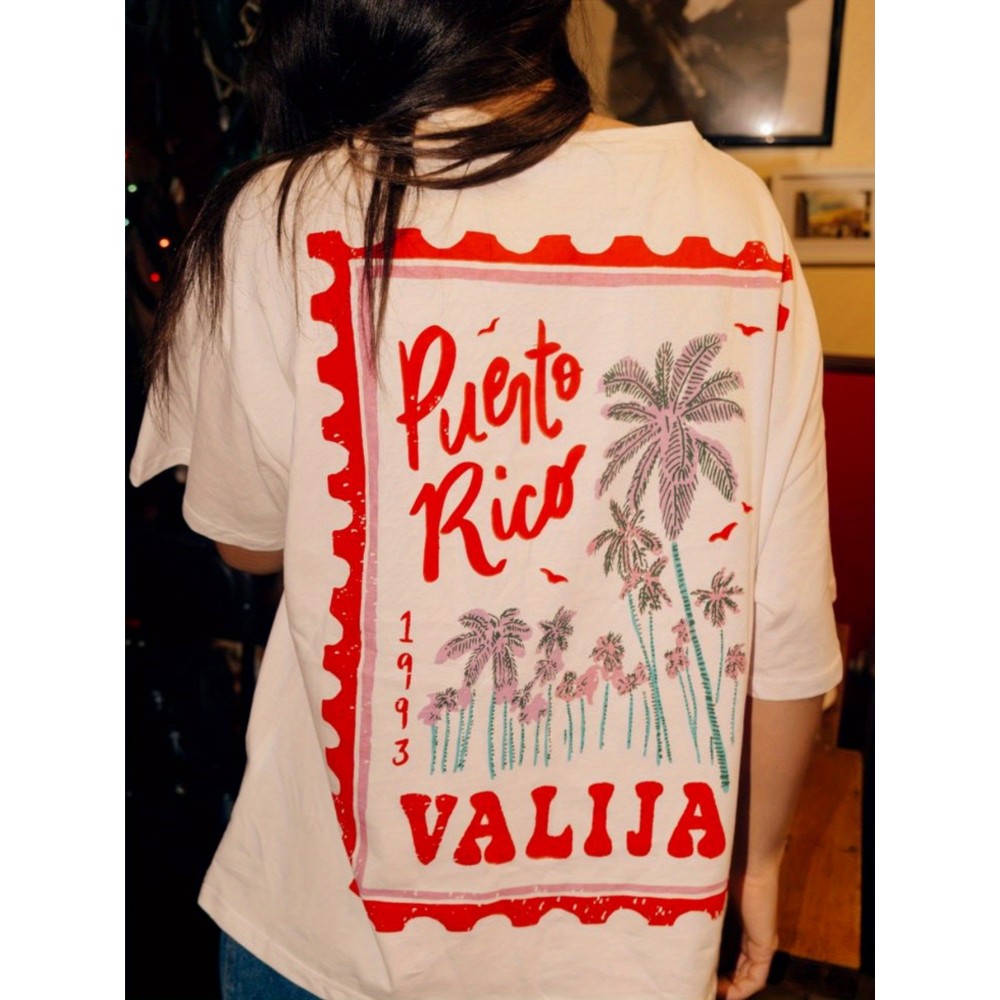 Women'S Casual Elegant Puerto Rico Graphic Print T-Shirt - Vibrant Red & Pink Design, Crew Neck, Short Sleeve, Lightweight Polyester, Perfect for Summer Outfits