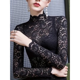 Set of 2, Solid Color Lace Tops, Featuring a Mock Neck And Elegant Long Sleeves, Perfect As a Base Layer for Spring And Autumn, Women'S T-Shirt.