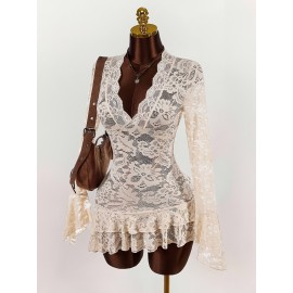 Women'S Y2K Retro Lace Top - Deep V-Neck Blouse with Flared Bell Sleeves, ElegantSexy Party & Formal Outfits, Non-See-Through Lace Shirt for Nightlife, Dates, Office - Spring/Fall Women'S Clothing, Date Night Attire, Ruffled Hem Design