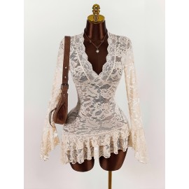 Women'S Y2K Retro Lace Top - Deep V-Neck Blouse with Flared Bell Sleeves, ElegantSexy Party & Formal Outfits, Non-See-Through Lace Shirt for Nightlife, Dates, Office - Spring/Fall Women'S Clothing, Date Night Attire, Ruffled Hem Design
