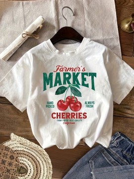 Y2K Cherry & Letter Print Jersey T-Shirt for Women, Crew Neck Short Sleeve Tee, Regular Length, Spring/Summer/Fall Casual Vacation Top, Cherry Tshirt