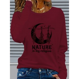 Women's Casual Long Sleeve Crew Neck Graphic T-Shirt - Sun Moon Stars Print with 