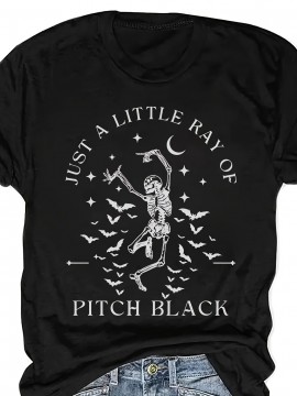 [Gothic T-Shirt] Lightweight Gothic-Inspired Skeleton & Bat Print T-Shirt | Casual Crew Neck, Short Sleeve, Spring & Summer, Casual Wear, Gothic Style