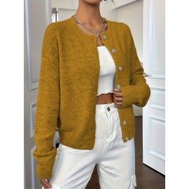 Plus Size - Plus Size - Women'S Elegant Solid Color Long Sleeve Cardigan - Soft Stretchy Button-Front Open Front Sweater, Round Neck Fall/Winter Coat for Casual & Formal Outfits, Cardigan Sweater, Winter Clothing, Stylish Knitwear, Office Wear