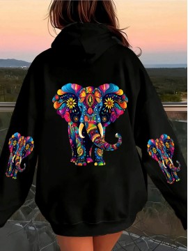 [Vibrant Print Hoodie] Vibrant Print | Women's Elephant Hoodie - Cozy Fleece-Lined Zip-Up Sweatshirt with Front Pocket, Long Sleeve Pullover for Fall & Winter | Durable Casualwear