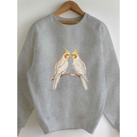 Branch Two Elegant Cockatiels Women's Casual Sweatshirt - Black Geometric Bird & Branch Design, 100% Polyester, Machine Washable, Regular Fit Round Neck for Autumn/Winter, Everyday Comfort, Natureinspired Design, Easy Care Clothing