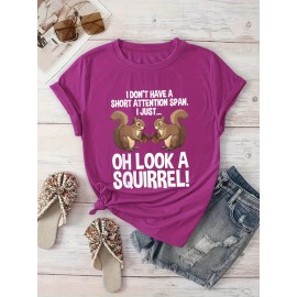 [Playful Squirrel Graphic Tee] Playful Print Top | Women's Casual 