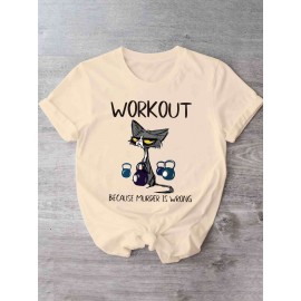 [Humorous Workout T-Shirt] 1pc Women's Casual Short Sleeve T-Shirt | Soft, Lightweight, Humorous Cat & Dumbbell Graphic Print, 