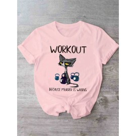 [Humorous Workout T-Shirt] 1pc Women's Casual Short Sleeve T-Shirt | Soft, Lightweight, Humorous Cat & Dumbbell Graphic Print, 